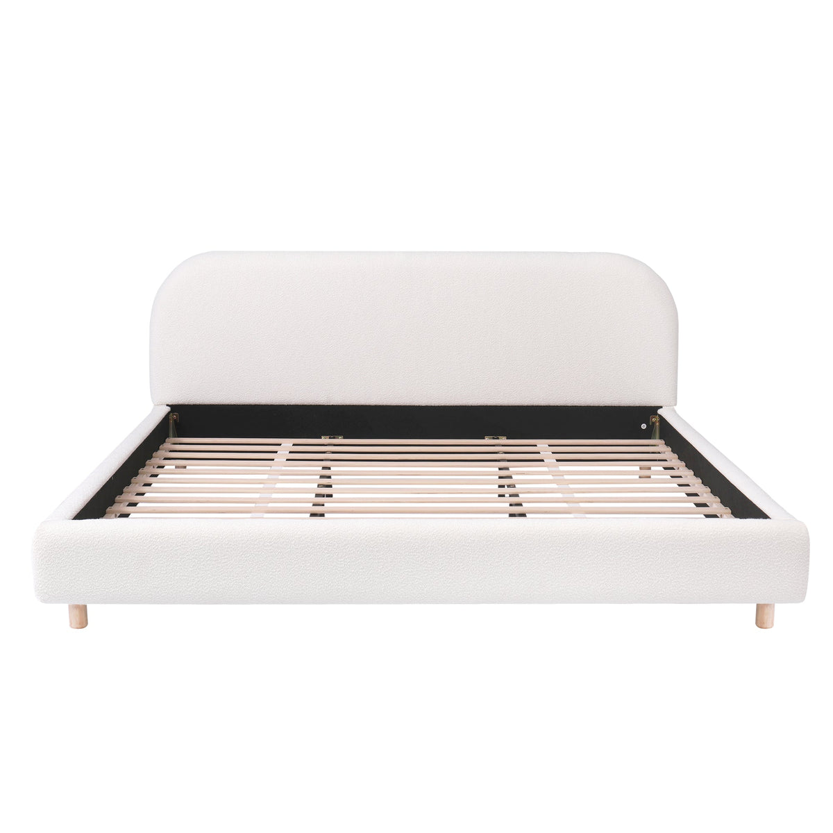 King Size Platform Bed with Boucle Fabric, Boucle Fabric Upholstered Platform Bed with Curve-Shaped Design Headboard, White, Easy Assembly