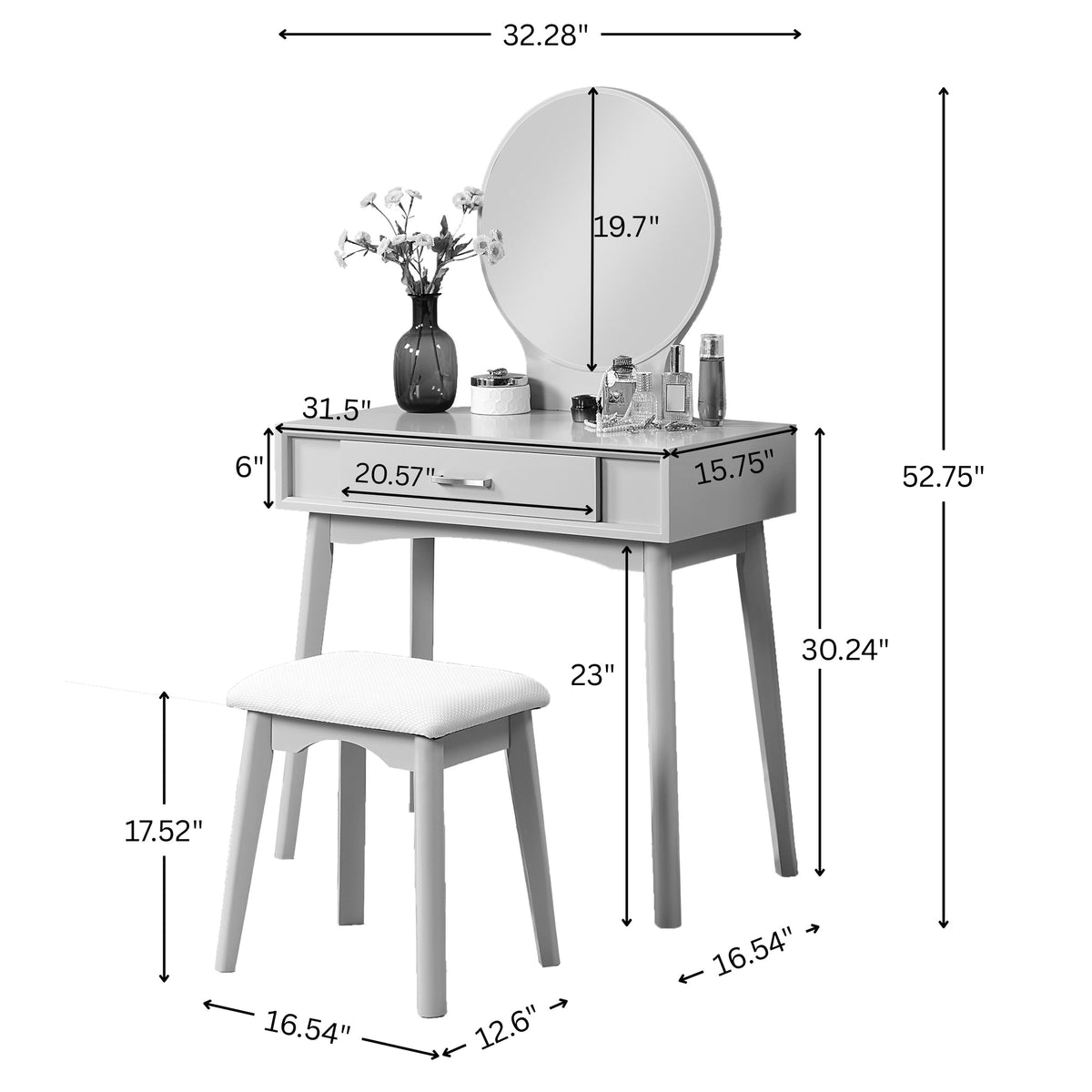 Maly Contemporary Wood Vanity and Stool Set, White
