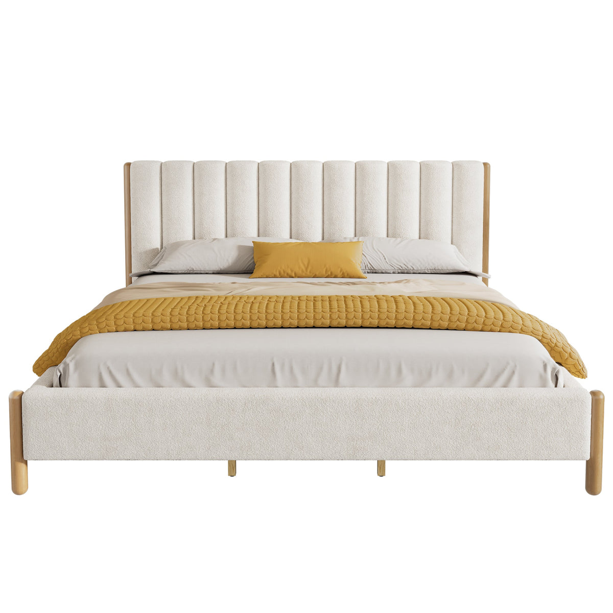 King Size Bed Frame with Boucle Upholstered Thick Headboard, Solid Wooden Legs, White