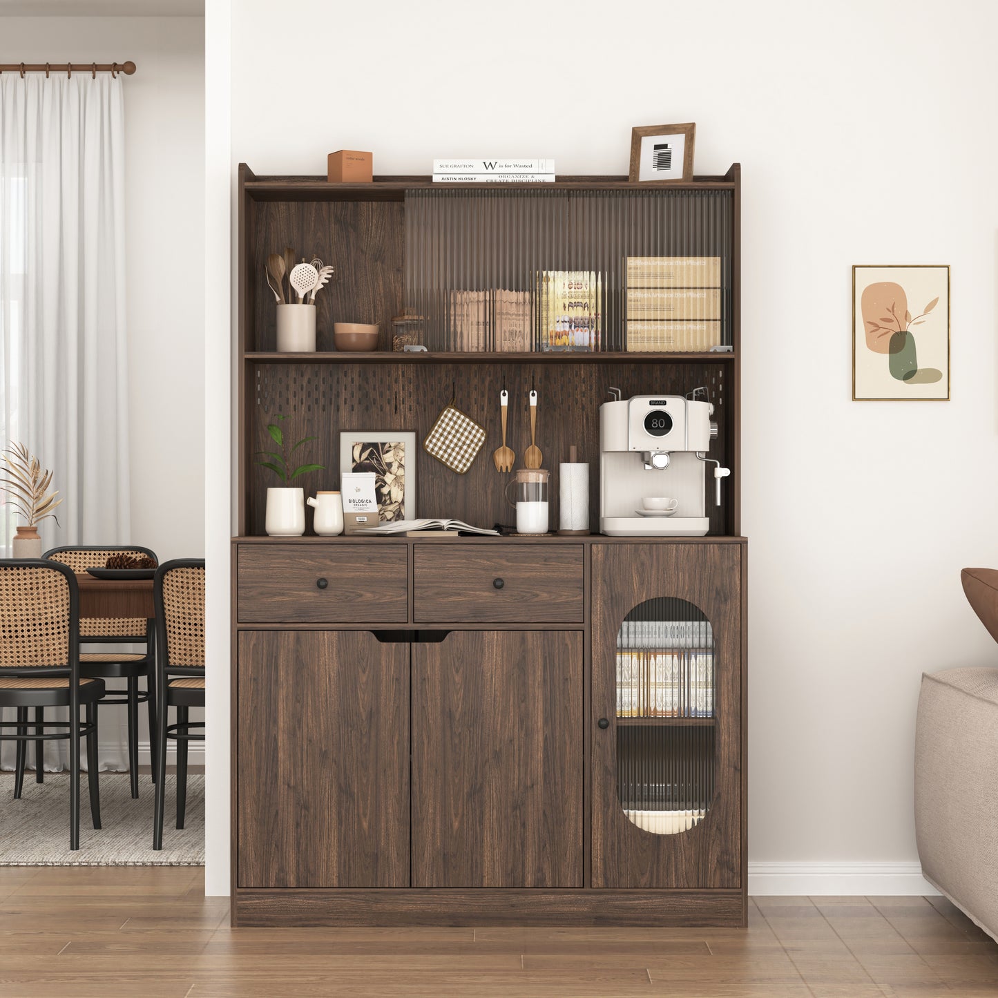 71'Tall Kitchen Pantry Storage Cabinet, Large Capacity Display Cabinet with Reeded Glass Doors and Microwave Stand, Bakers Racks with Storage for Kitchens, Pantry, Living Room