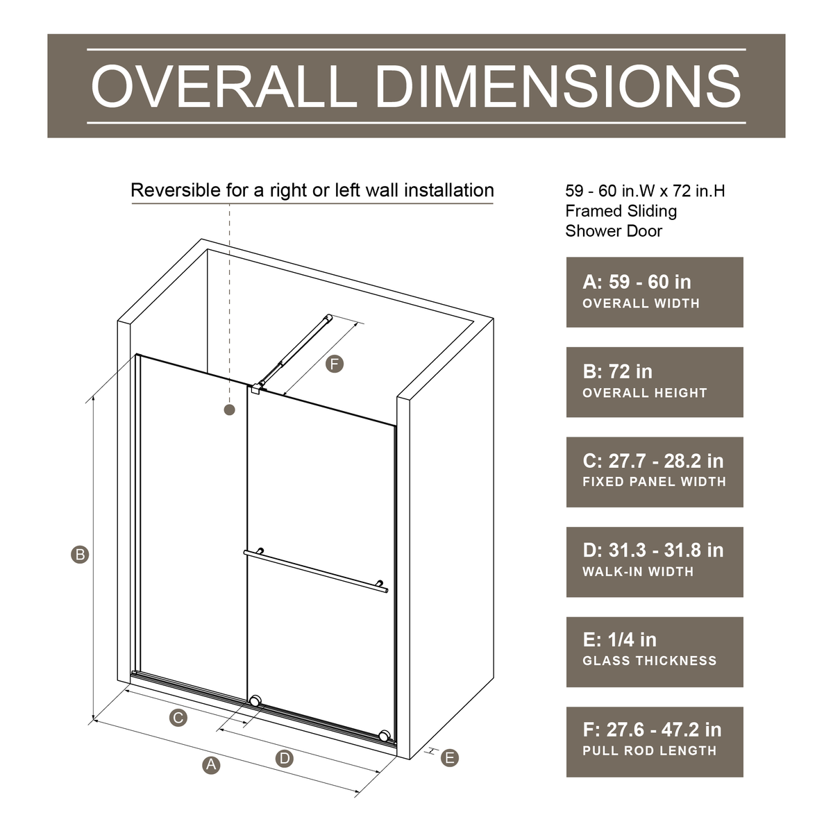 Glass Shower Door, 30 - 60 in.W x 72 in.H Shower Sliding Door Walk-in Shower Screen Dual Usage