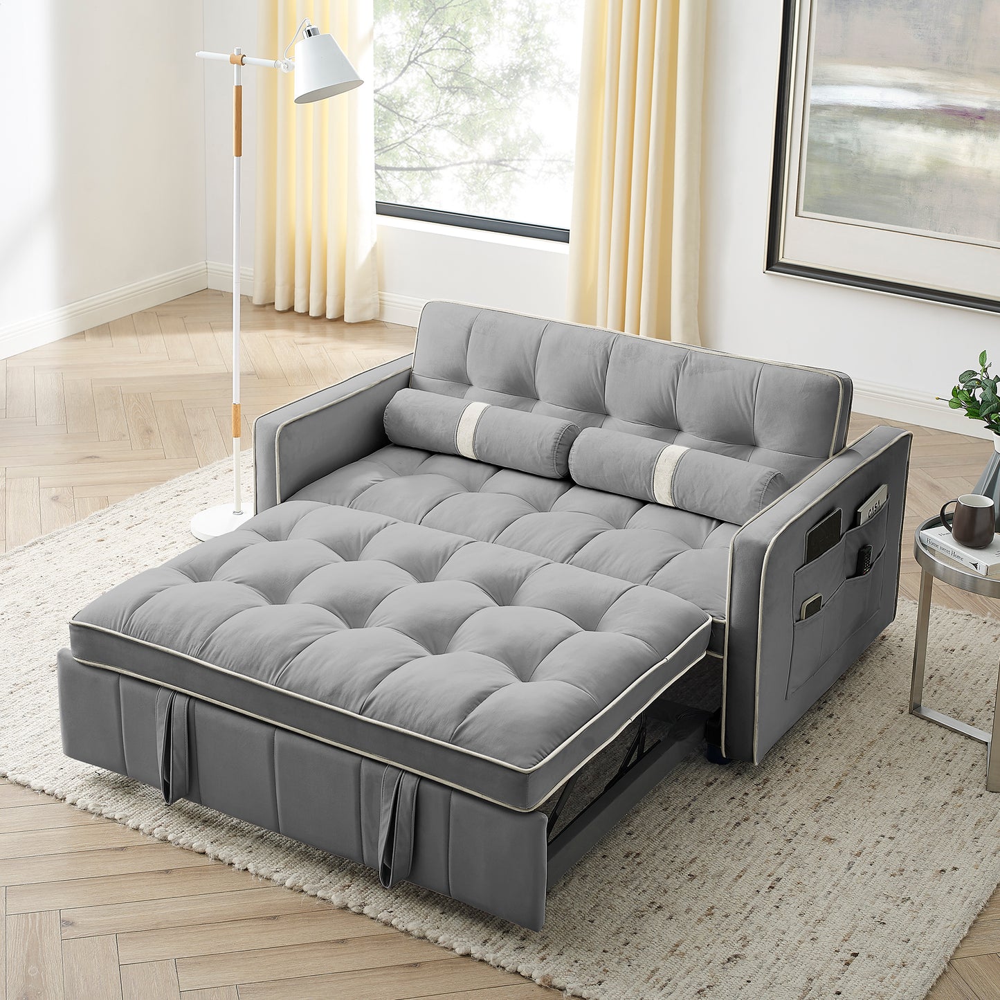 Modern 55.5' Pull Out Sleep Sofa Bed 2 Seater Loveseats Sofa Couch with side pockets, Adjsutable Backrest and Lumbar Pillows for Apartment Office Living Room