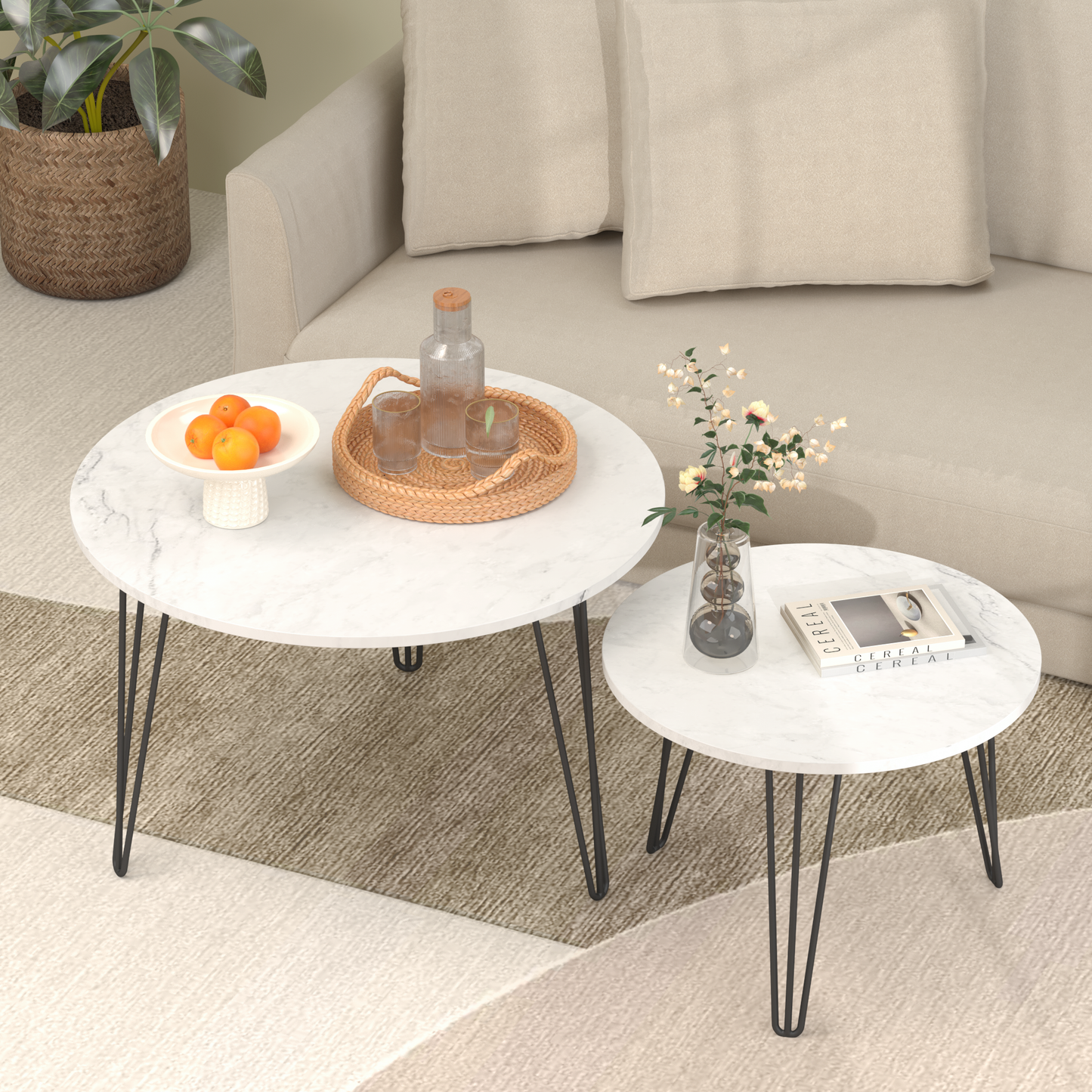 27.56'' Round Nesting Coffee Table Set of 2, Circular Nesting End Table Set, Round Marble Tabletop, and Sturdy Metal Base for Living Room, bedroom, White