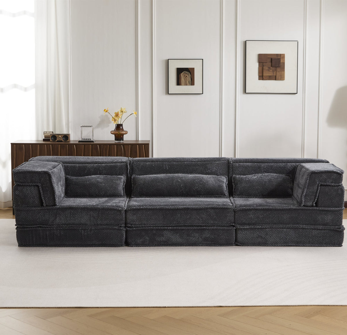 Compression Mahjong Sofa, Convertible Floor Sofa Bed, DIY Boneless Modular Sectional Sofa, No Assembly Required, Circle fleece fabric – Gray