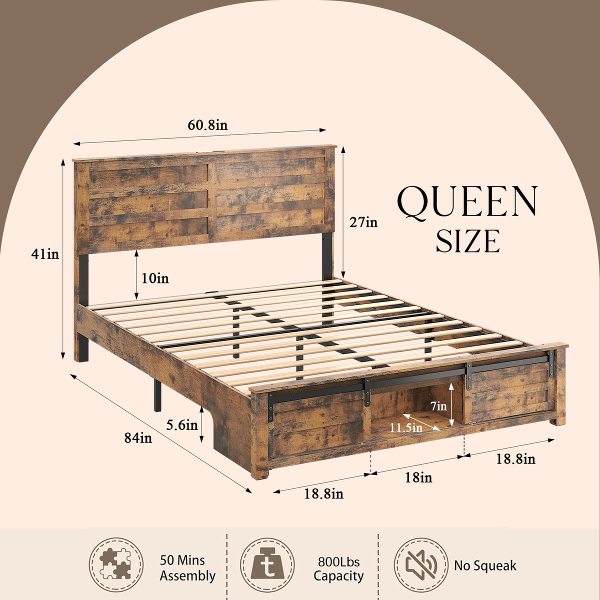 Queen Bed Frame with Upholstered Headboard and Wood Platform,Storage Headboard with Charging Station and LED, Bed Frame with Pet Bed,No Noise, No Box Spring Needed,Easy Assembly,Antique Brown