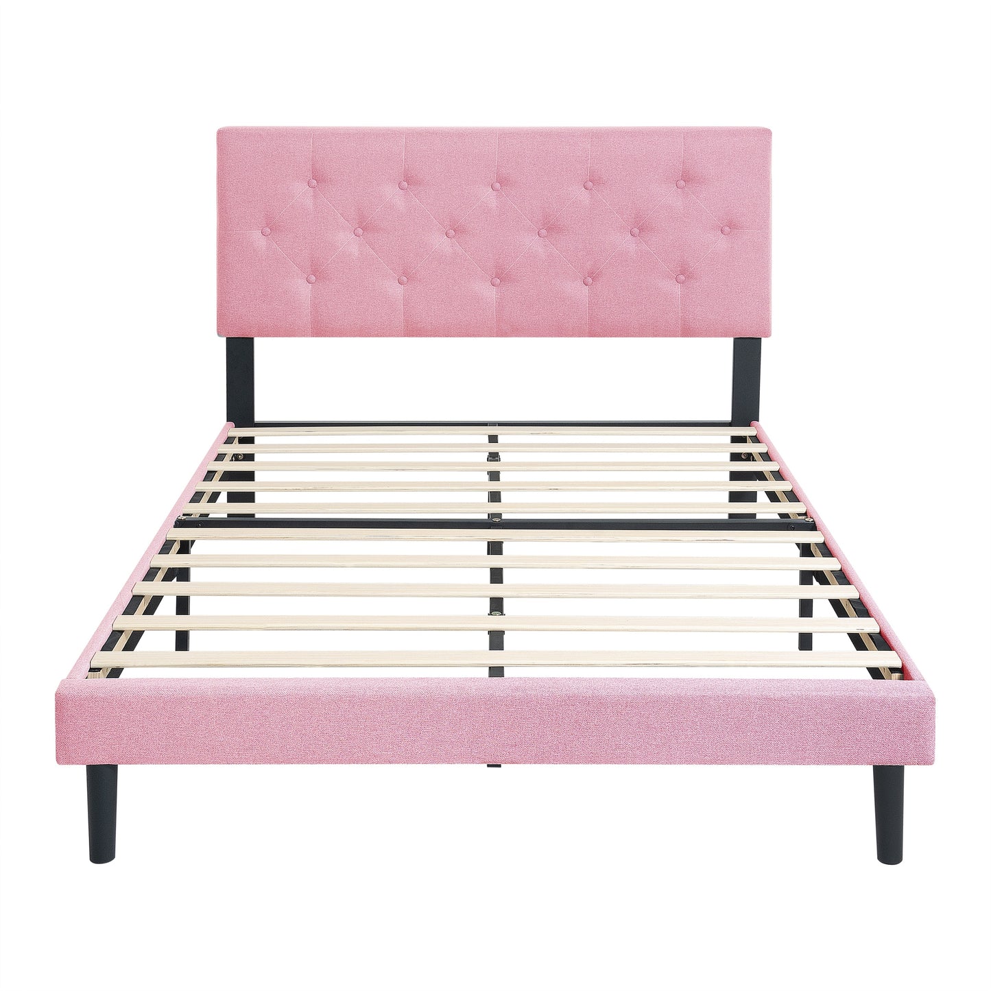 Modern Upholstered Queen Size Platform Bed Frame with Button Tufted Linen Headboard, Pink, Easy Assembly