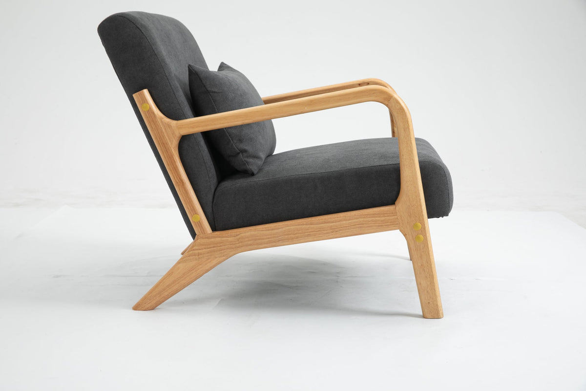Mid Century Modern Accent Chair with Wood Frame, Upholstered Living Room Chairs with Waist Cushion, Reading Armchair for Bedroom Sunroom – Grey