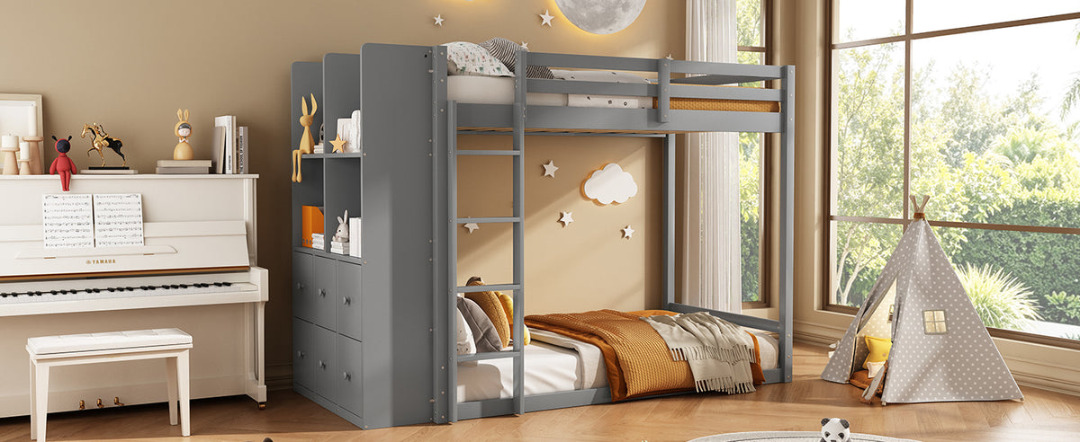 Twin Size Bunk Bed with Drawers, Shelves and Light, Gray