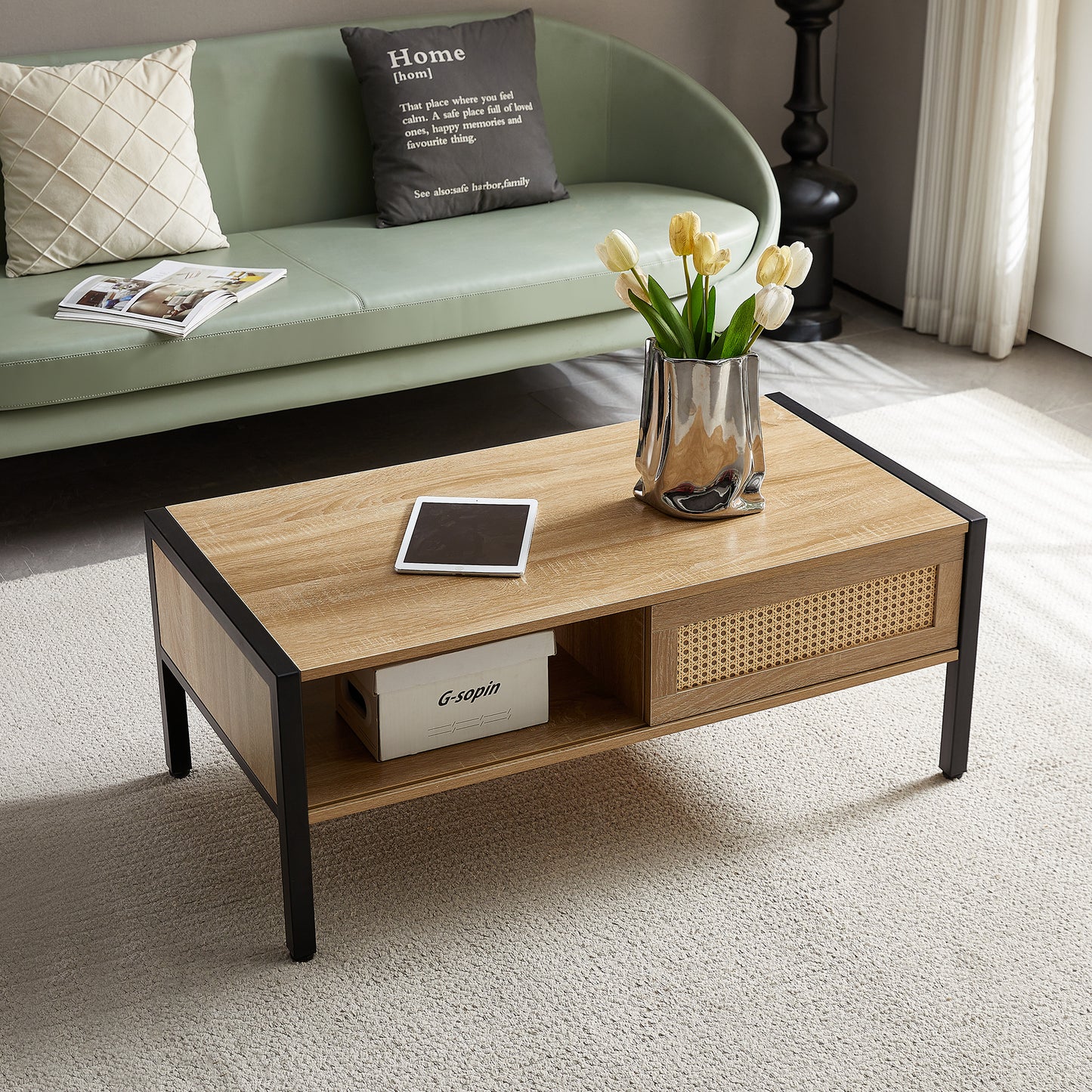 40.16' Rattan Coffee table, sliding door for storage, metal legs, Modern table for living room , natural