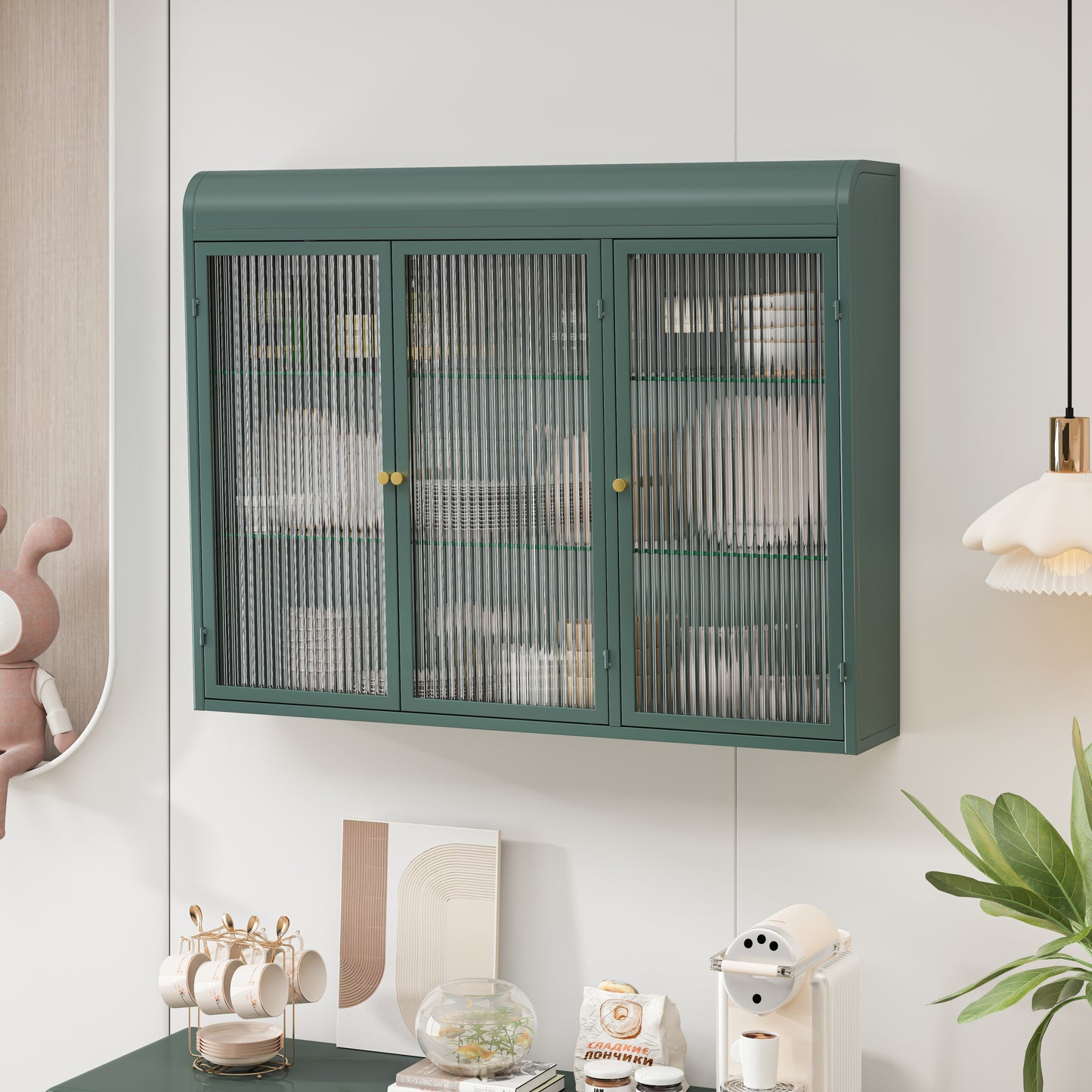 3 Door Arched Wall Mounted Glass Cabinets for Kitchen, Living Room and Bathroom(Dark green)