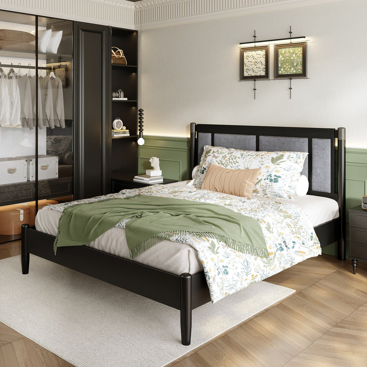 Solid Wood Queen Bed, Heavy Duty 500 lbs Support, No Box Spring Needed, Black Upholstered Headboard with Metal Handles