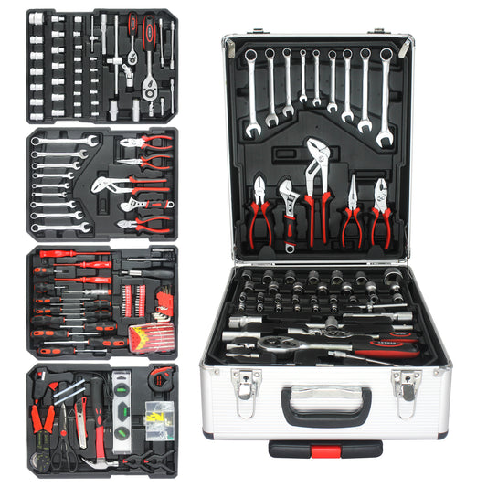 899 件家用维修工具套装,带 4 个抽屉的工具箱收纳盒,带滚动工具箱的通用家用工具套装,适用于维护、花园、房主、杂工的工具套装 - 银色