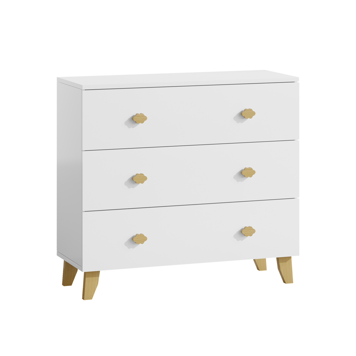 Kids Dresser with 3 Drawers, Wooden Cloud Handles & Pine Legs, MDF Chest of Drawers for Kids Room, Nursery Storage Cabinet, White