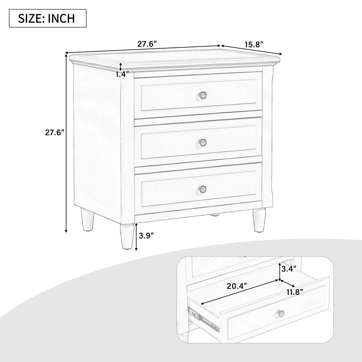 U_STYLE 28''painted Nightstand with 3 Drawers and Smooth Gliding Rails, Simple Bedside Cabinet with Metal handle