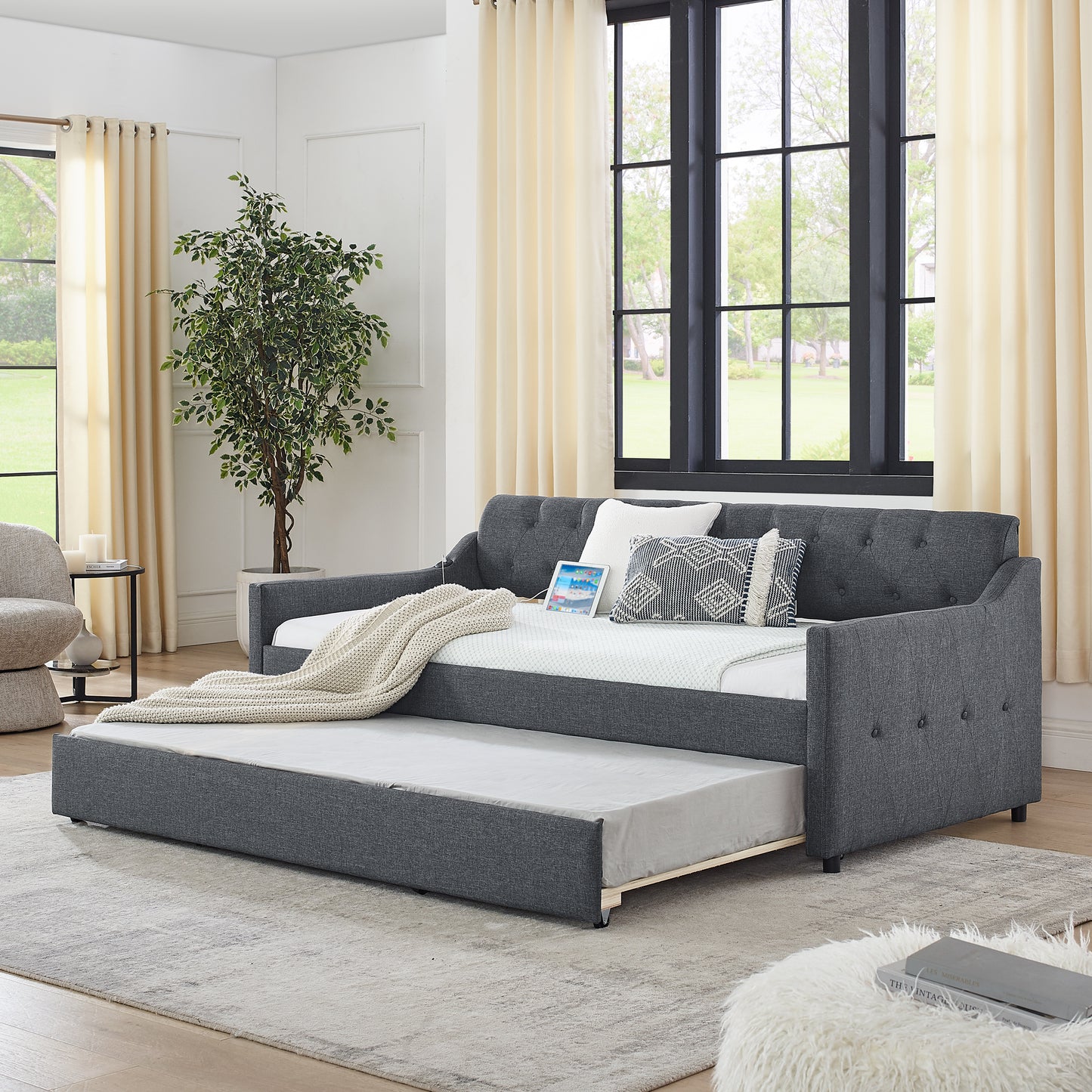 Twin Size Upholstery DayBed with Twin Size Erectable Trundle and USB Charging Design, Linen Dark Gray