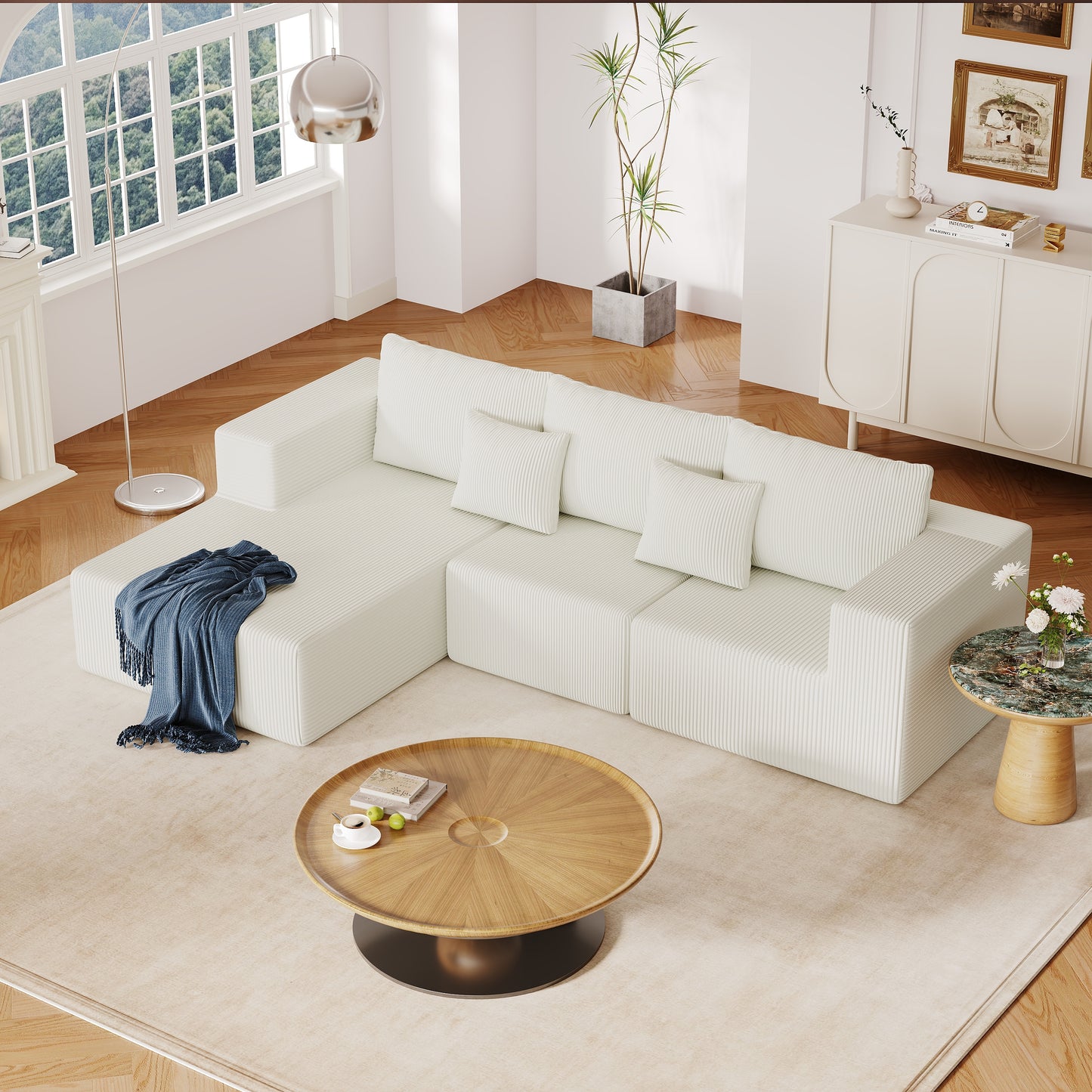108.3' Sectional Foam Couch,L Shape Sofa with Chaise Lounge,Modular Cloud Sofa for Living Room,Upholstered Corduroy Couch Beige