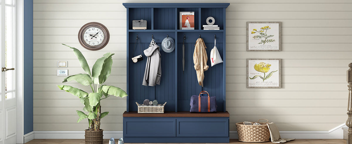 Farmhouse 4-in-1 Hall Tree with Wood Grain Bench, Mudroom Versatile Coat Rack with 2 Large Drawer, Entrance Organizer, Blue, 55.9" W