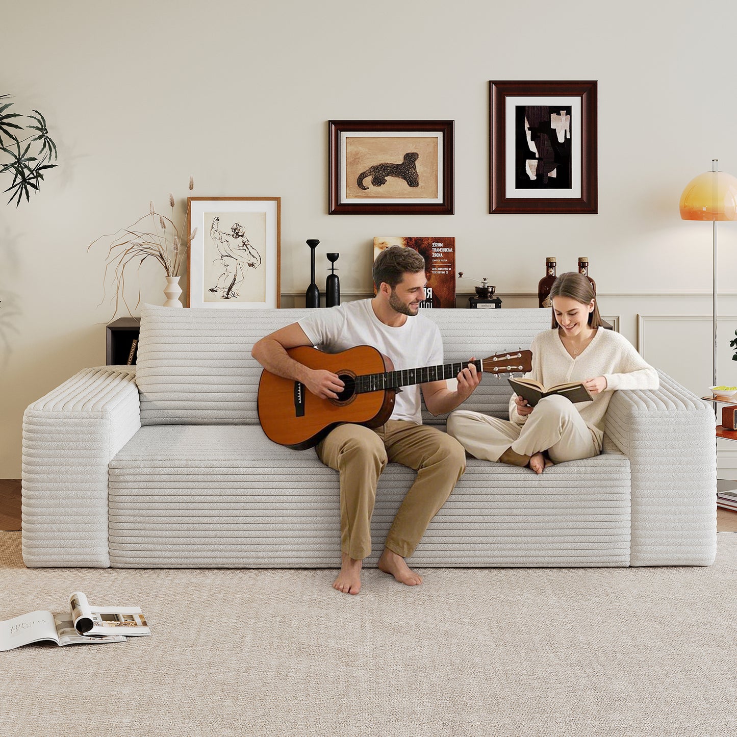 63' 2Setaser Sofa,Corduroy Fabric,Deep Seat Couches,Comfy Loveseat Sofa,No Assembly,1pcs for Living room, Bedroom,Conference room ,Apartment,White