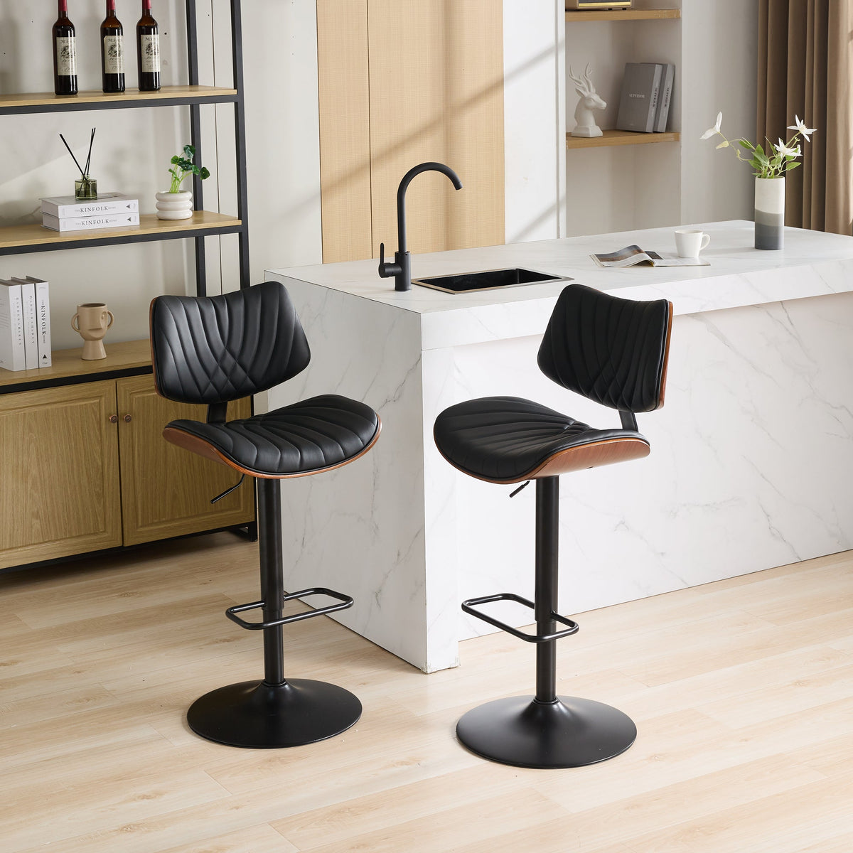 Walnut Bentwood Bar Stools Mid Century Modern Adjustable Counter Height Black Leather Upholstered 360°Swivel Bar Chairs for Kitchen – Model W1143P173514