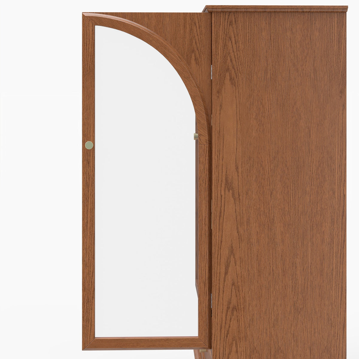 Vintage Farmhouse Arched Glass Accent Cabinet, MDF Real Wood Veneer Display Storage Cabinet with Solid Wood Legs, Adjustable Shelves & Drawer, Antique Glaze Finish