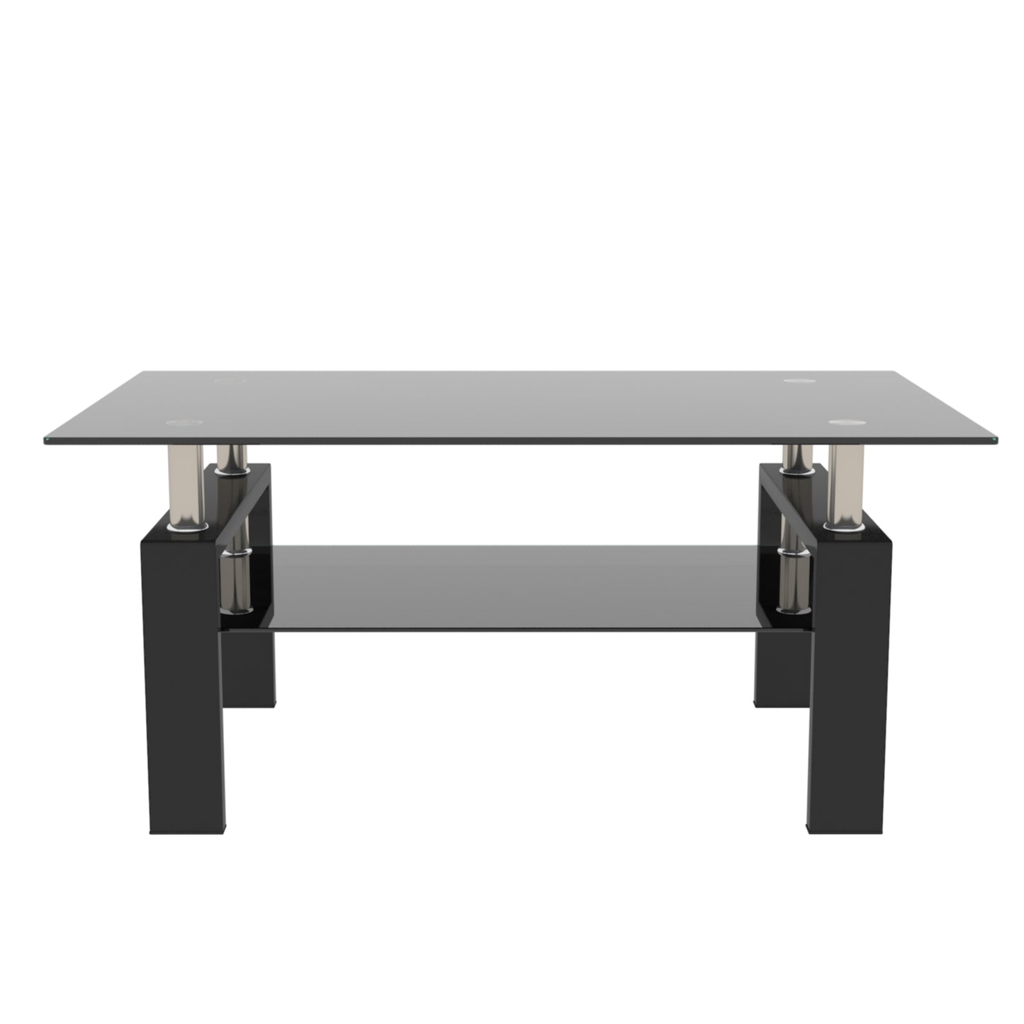 Rectangle Black Glass Coffee Table Modern Side Center Table for Living Room, Black Tempered Glass with Iron Tube