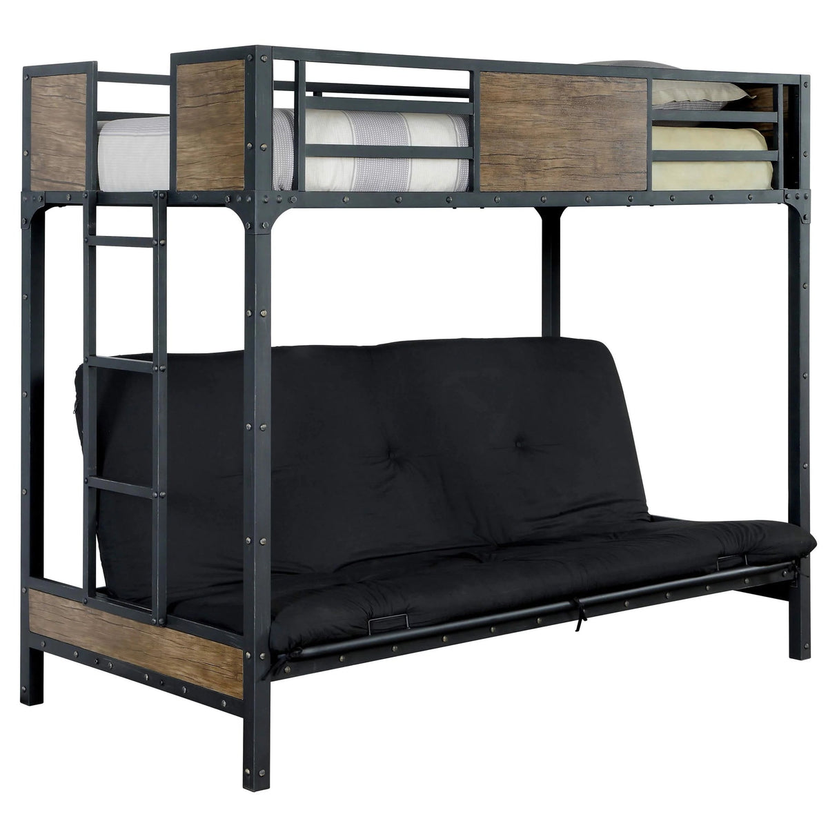 Black Finish Industrial 1pc Twin Bed Attached Ladder Wooden Panels Bedroom Furniture