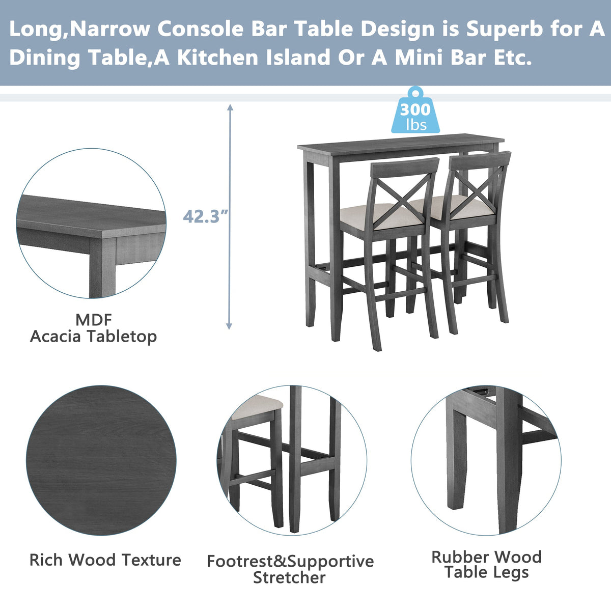 TOPMAX Farmhouse 48'Rectangular Wood Bar Height Dining Set Kitchen Breakfast Nook with 2 Chairs for Small Places, Gray+Beige