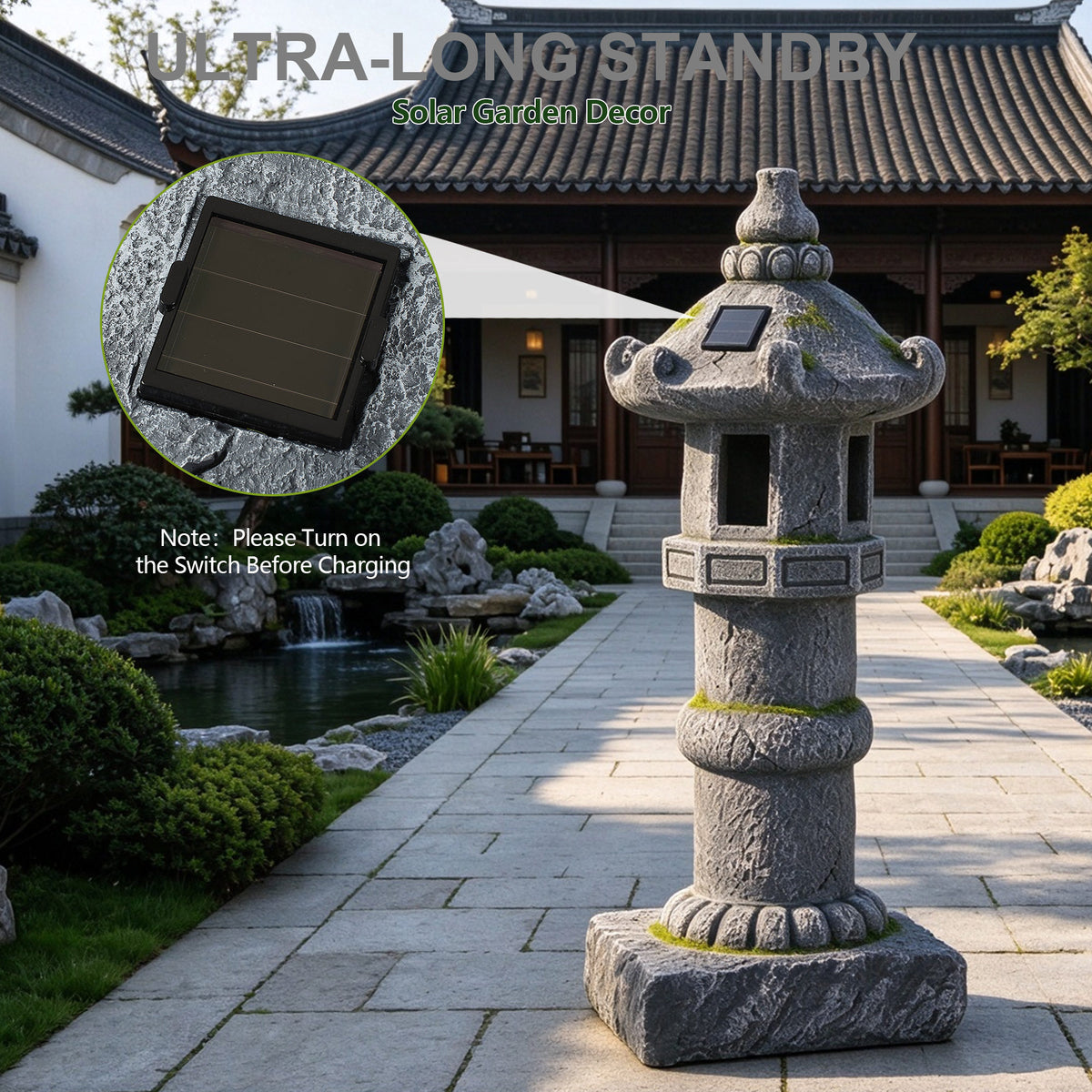 Magnesium Oxide Solar Pagoda Garden Statue with Warm LED Light, Oriental Stone Tower Lantern Outdoor Yard Patio Decor Ornament, Ideal Gift, 27.56'