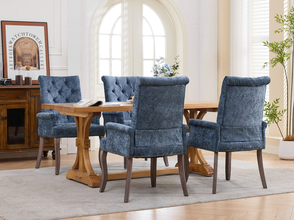 Upholstered Chenille Fabric Accent Dining Chair, Curved Solid Wood Legs, Elegant Tufted Club Dining Room Kitchen Room Arm Dining Chair – Blue