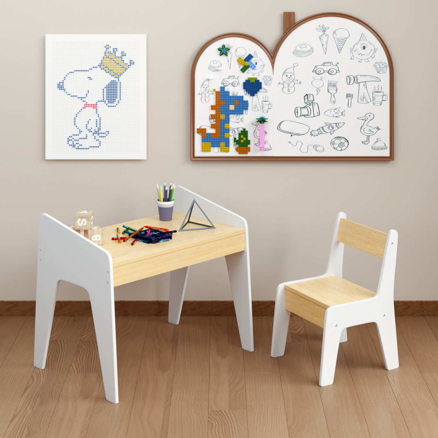 Kids Table Set with One Chair, Wooden Children Study Table, 2-8 Age Kids Funiture , White+Natural
