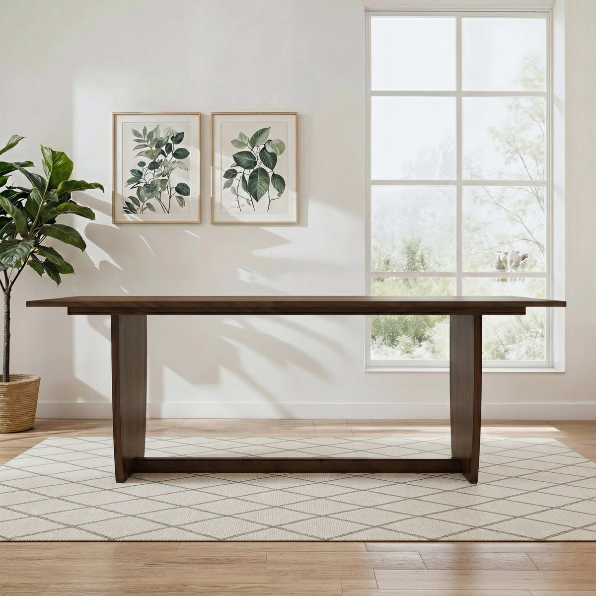 Preston Solid Wood Dining Table with Trestle Base in Warm Walnut Finish