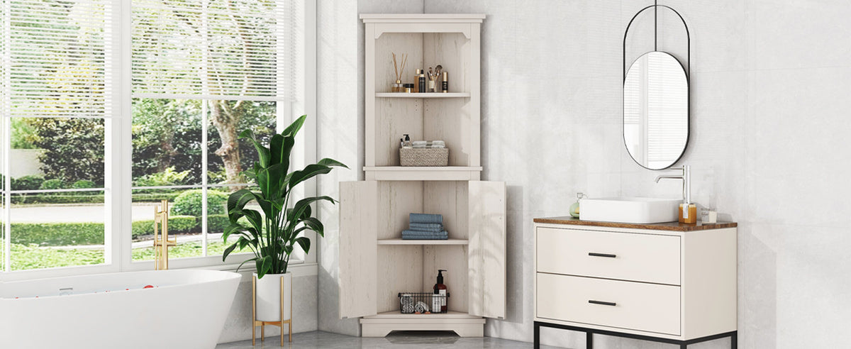 Tall Corner Cabinet with Doors, Dining Room or Kitchen, Beige