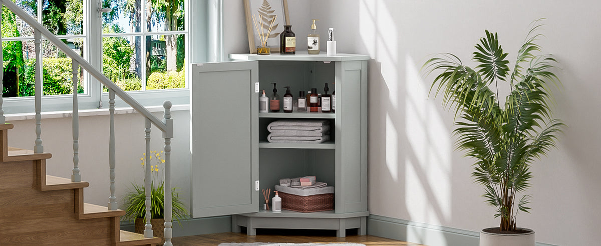 Grey Bathroom Cabinet Triangle Corner Storage Cabinet with Adjustable Shelf Modern Style MDF Board