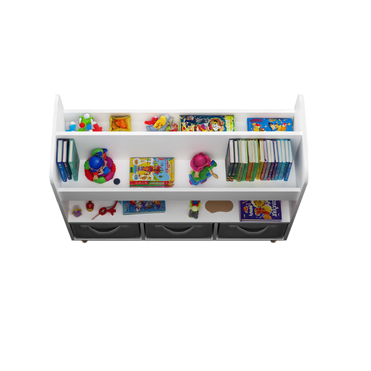 Kids Bookshelf with 3 Fabric Bins, Modern Children's Bookcase with Storage for Toys and Books, Toddler Book Organizer Shelf for Playroom, Bedroom, or Nursery, White and Gray