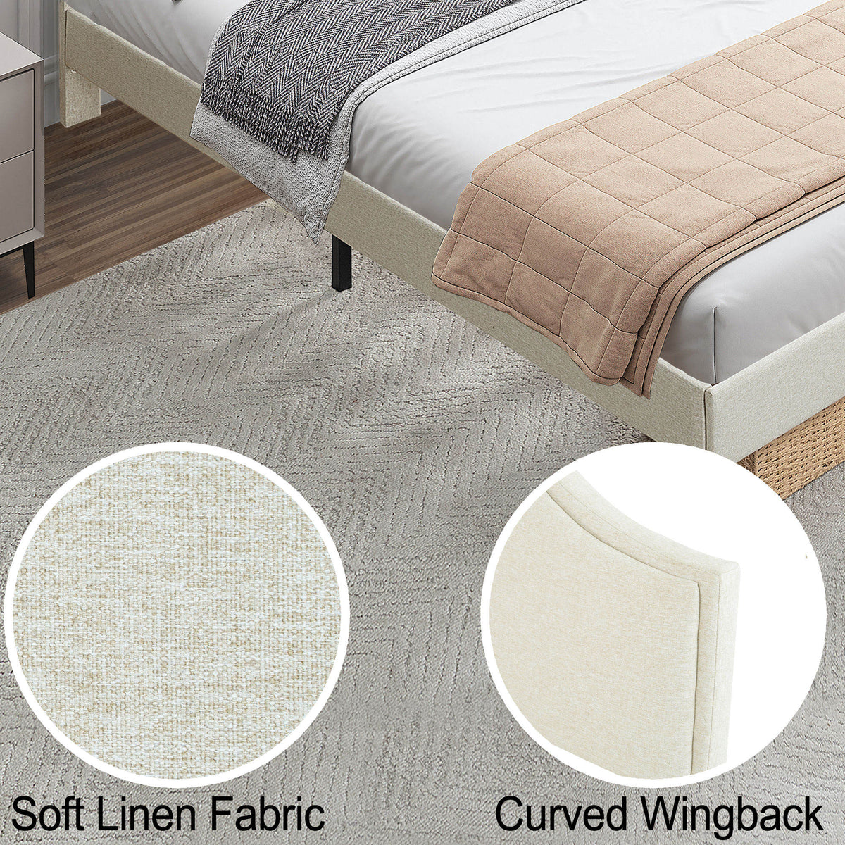 Queen Size Bed Frame Upholstered Platform Bed with Adjustable Headboard,Linen Fabric Padded,Modern Simple Style Platform Bed No Box Spring Needed, Easy Assembly, Beige