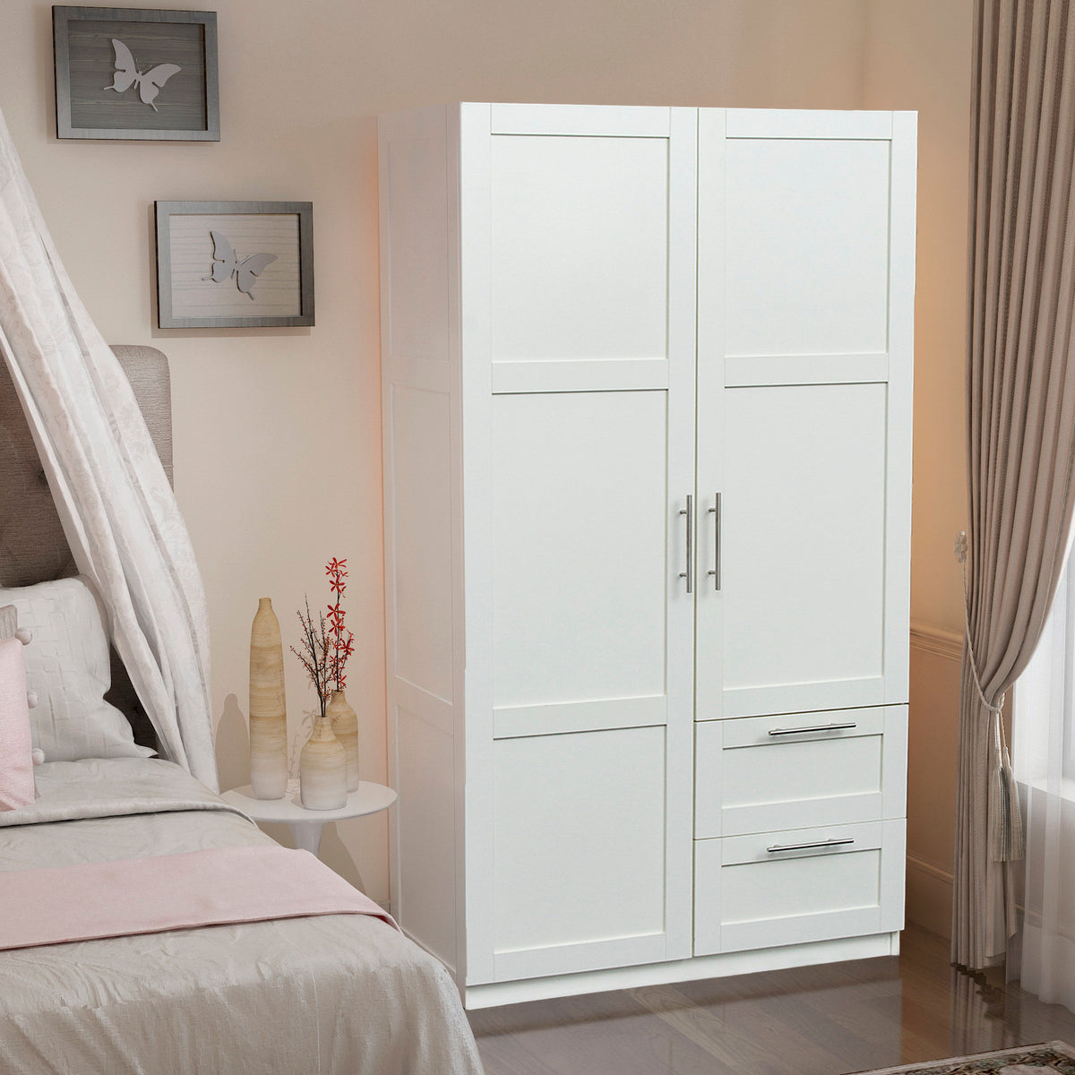 High wardrobe and kitchen cabinet with 2 doors, 2 drawers and 5 storage spaces, white
