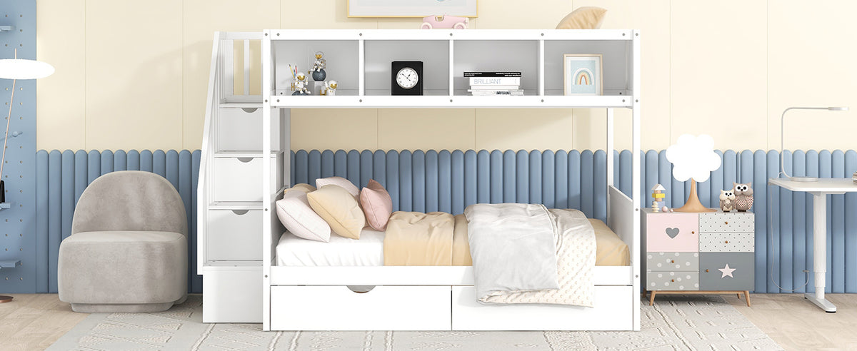 Twin over Full Bunk Bed with Shelfs, Storage Staircase and 2 Drawers, White (OLD SKU: LT000228AAK-1)