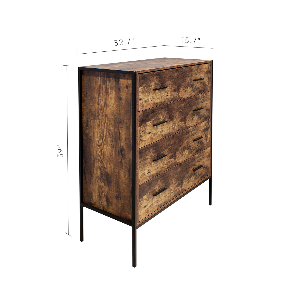 Industrial Style 4 Drawer Dresser, Rustic Brown Wood Storage Dresser Clothes Organizer with Sturdy Steel Frame, Chest with 4 Drawer