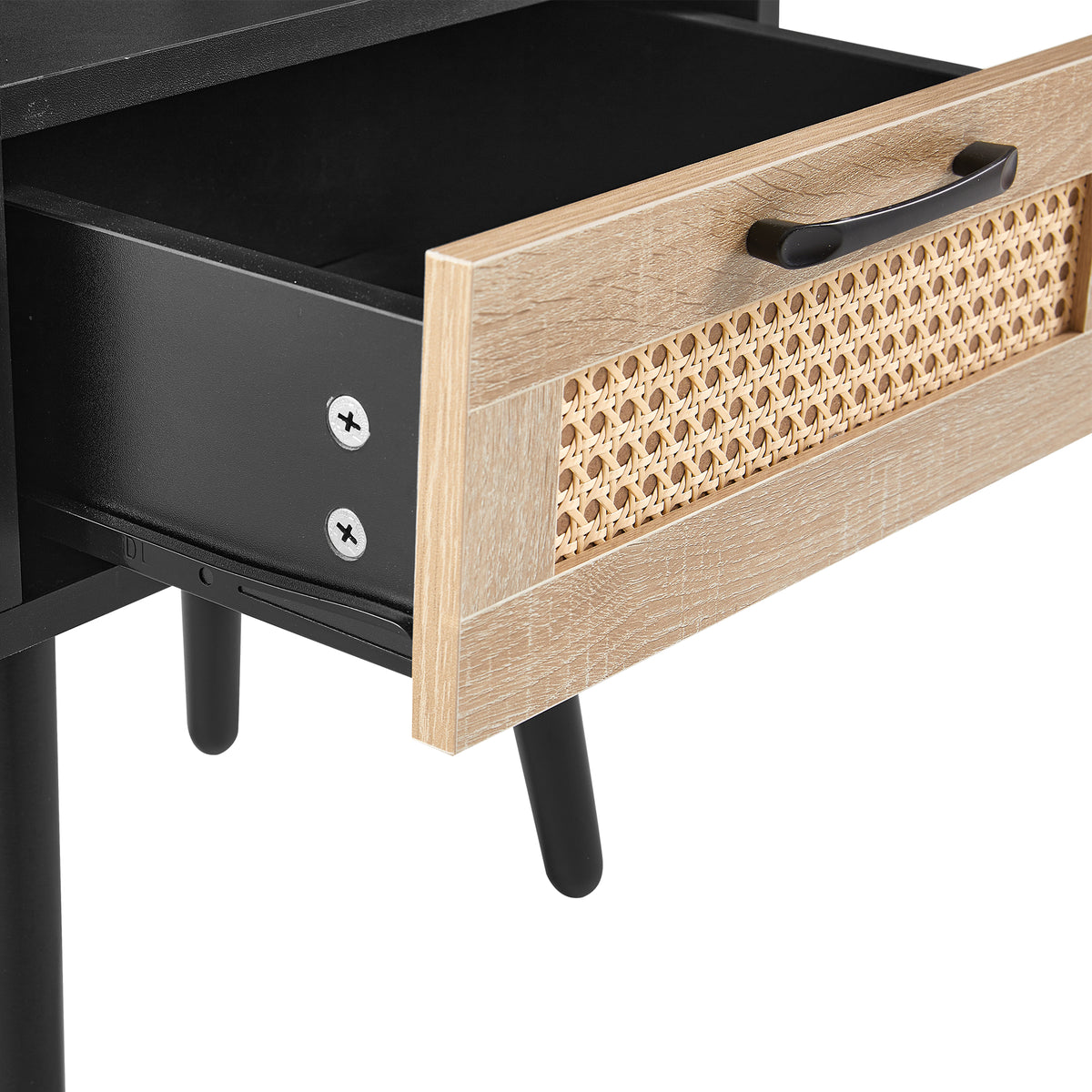 Modern Rattan End Table with Drawer, Solid Wood Legs, Black MDF, 15.75"