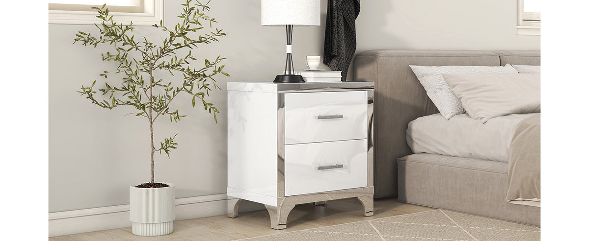 Elegant High Gloss Nightstand with Metal Handle, Mirrored Bedside Table with 2 Drawers, White