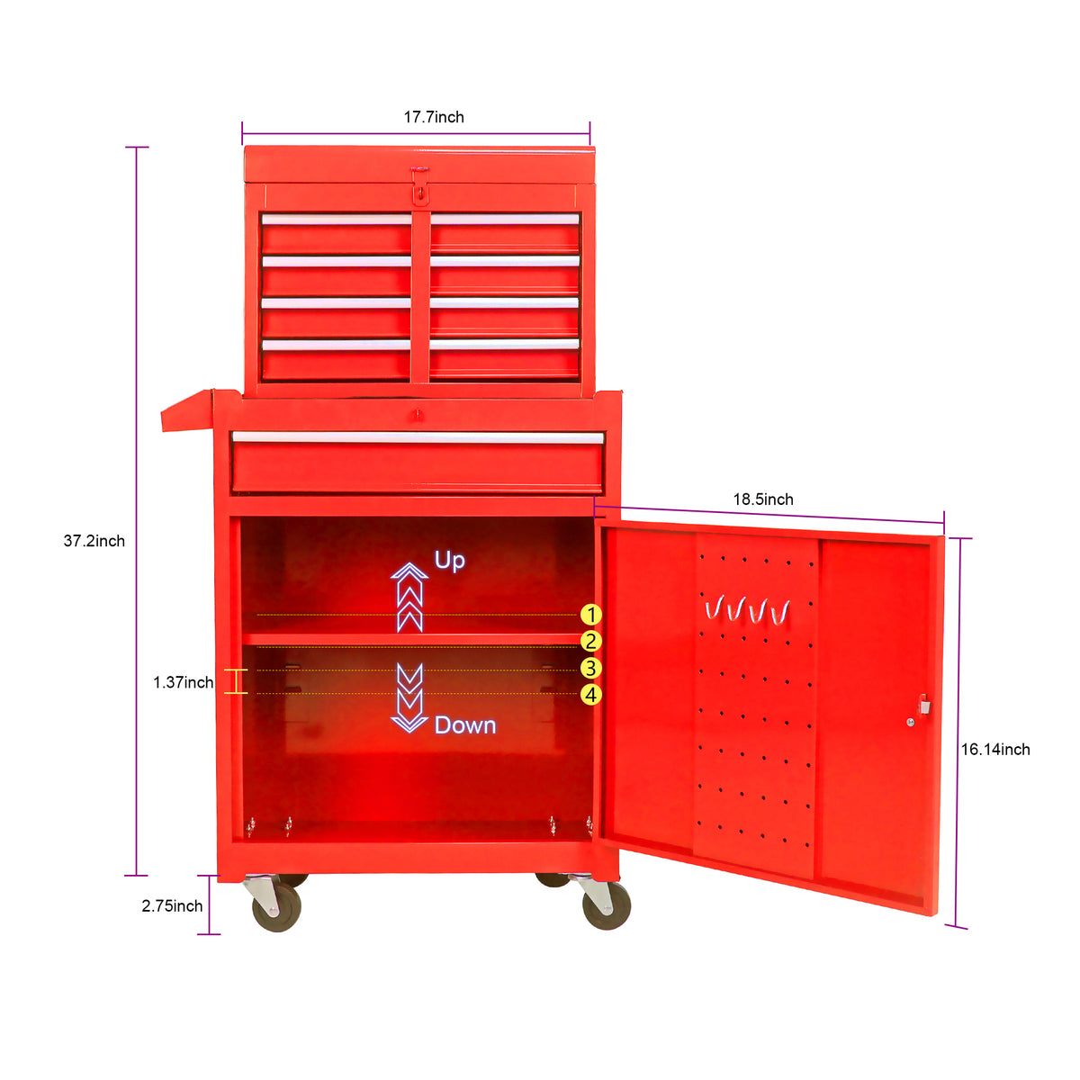 Rolling Tool Chest, 5-Drawer Tool Box Organizer w/Lockable Wheels & Sliding Drawers & Detachable Top & Adjustable Shelf - RED