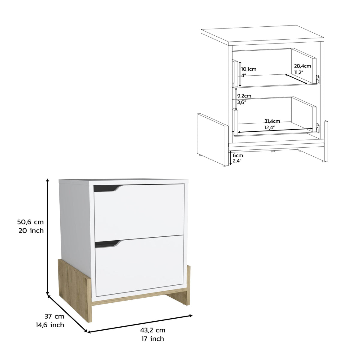 Nightstand with 2-Drawers, End Table with Sturdy Base, White / Macadamia