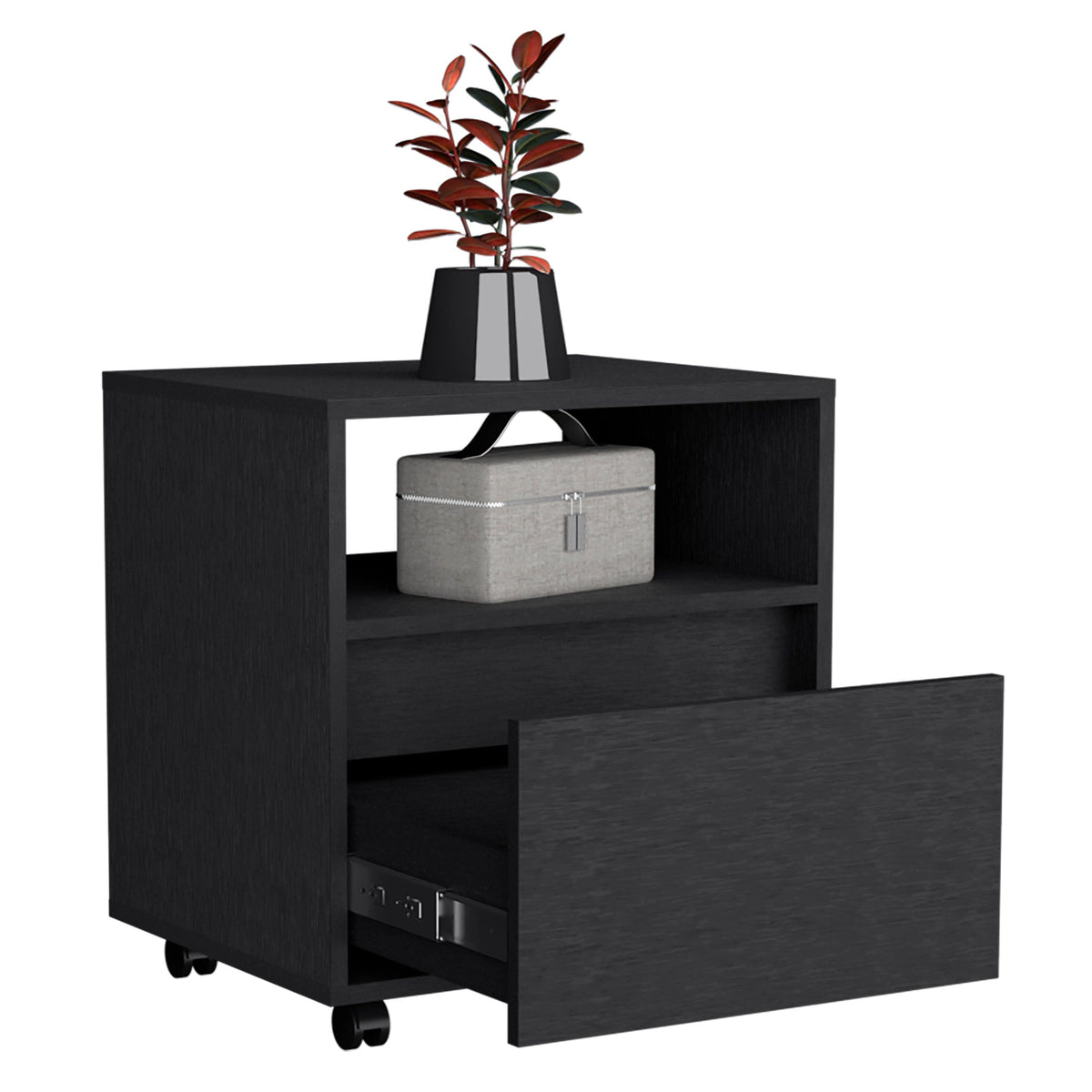 Austin Nightstand , End Table, Side Table Casters, Single Drawer-Black