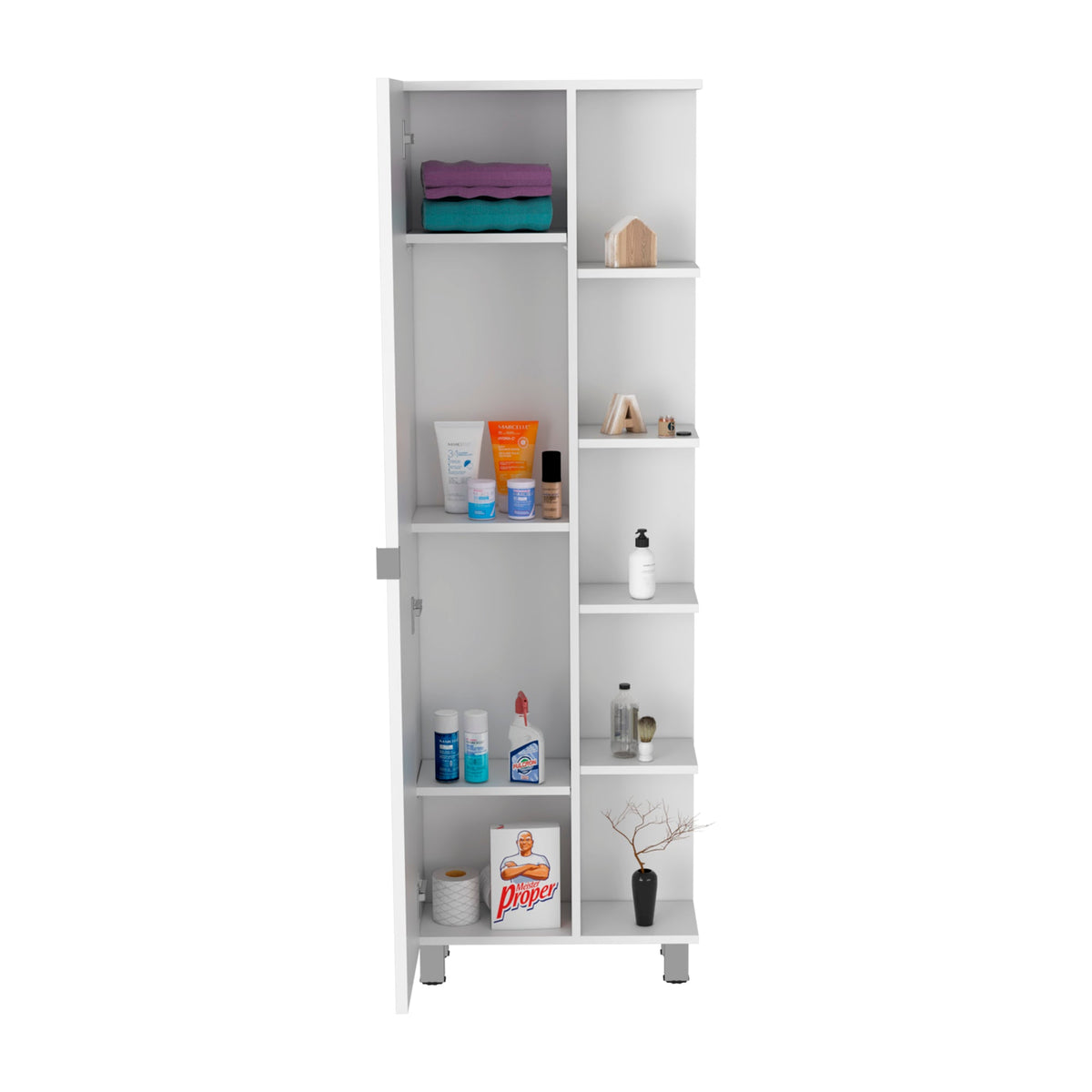 Urano Corner Linen Cabinet, Five External Shelves, Single Door, Four Interior Shelves -White