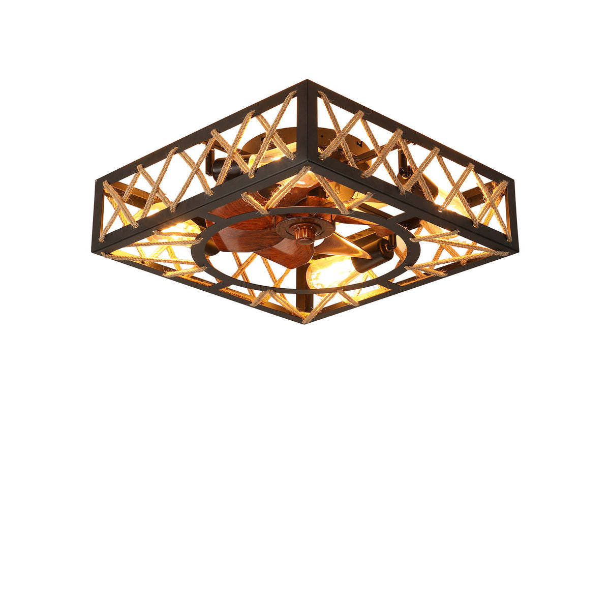Farmhouse Rustic Ceiling Fan and Remote Control, Square Caged Industrial Ceiling Fixture with 6 Speeds & Noiseless DC Motor