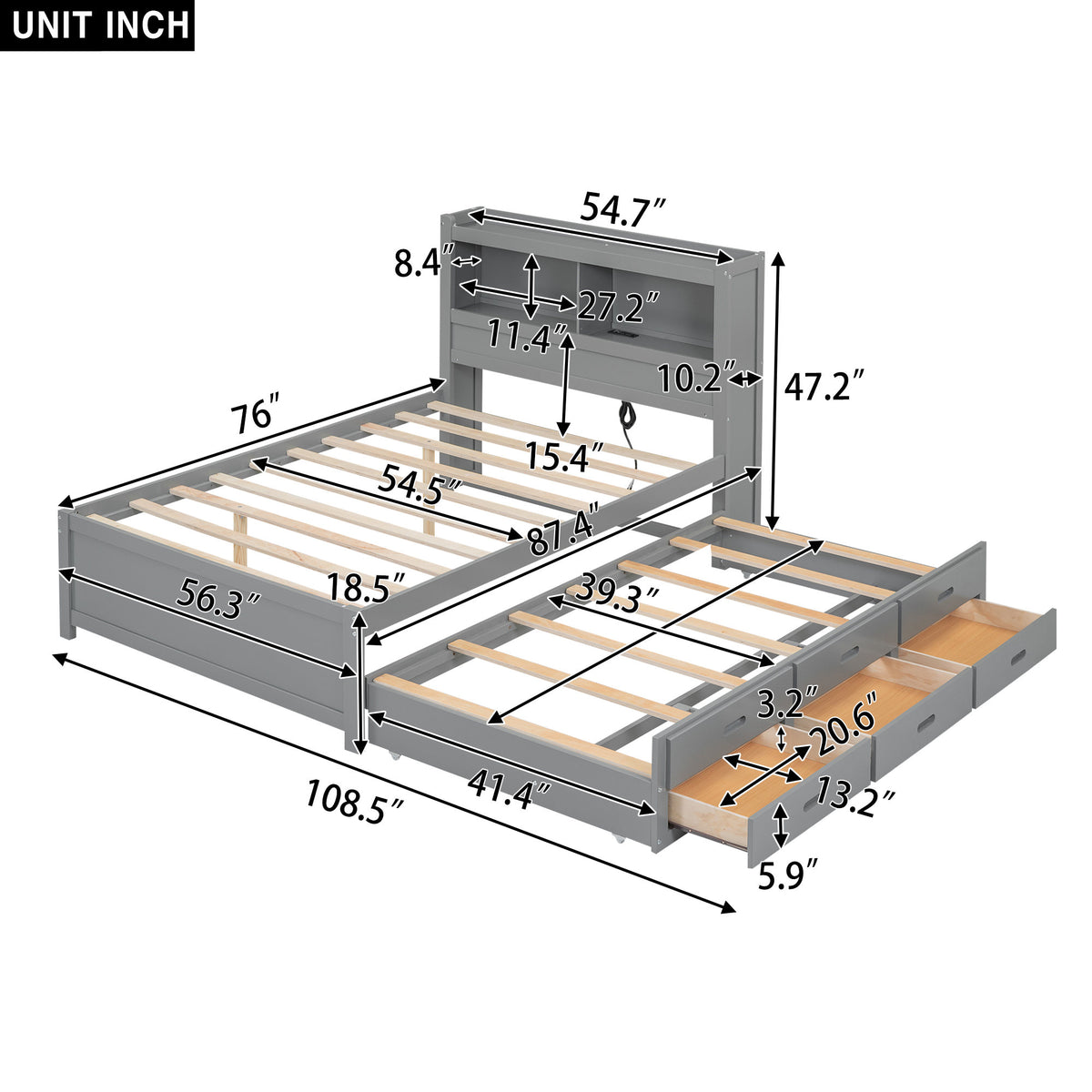 Modern Gray Full Size Platform Bed with Trundle, Drawers, USB Ports and Built-in Shelves, Pine Wood Construction