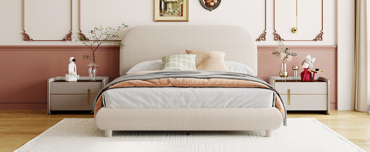 Teddy Fleece Full Size Upholstered Platform Bed with Thick Fabric, Solid Frame and Stylish Curve-shaped Design, Beige