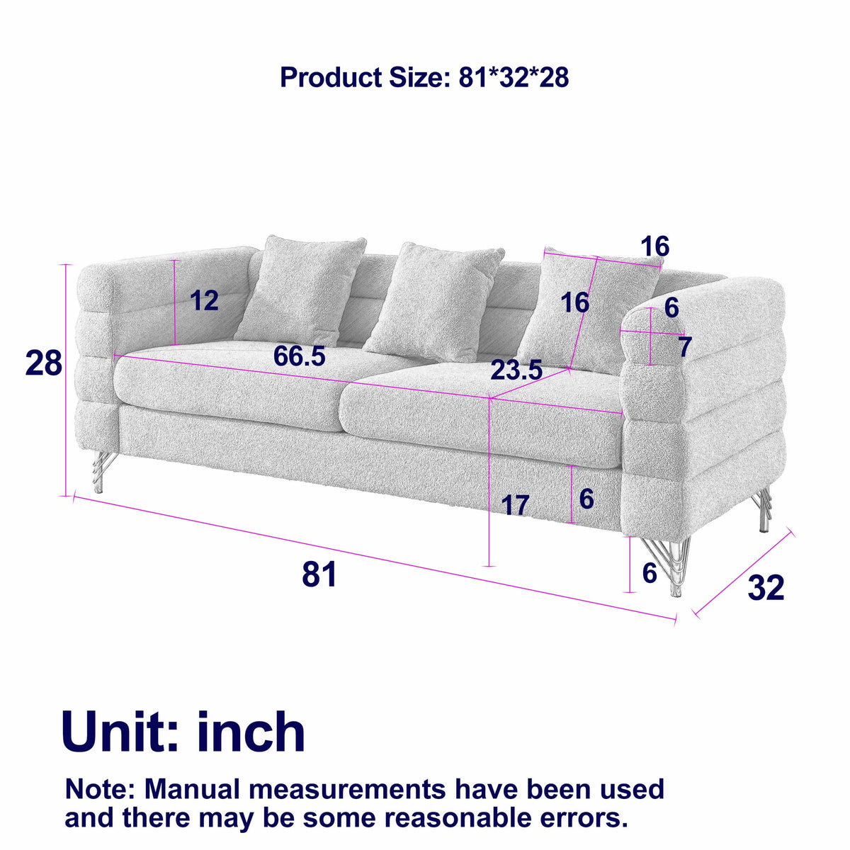 Streamline Modern 81 Inch Oversized 3 Seater Sectional Sofa in Black Teddy Fabric with 3 Lumbar Pillows, Deep Seating Comfort