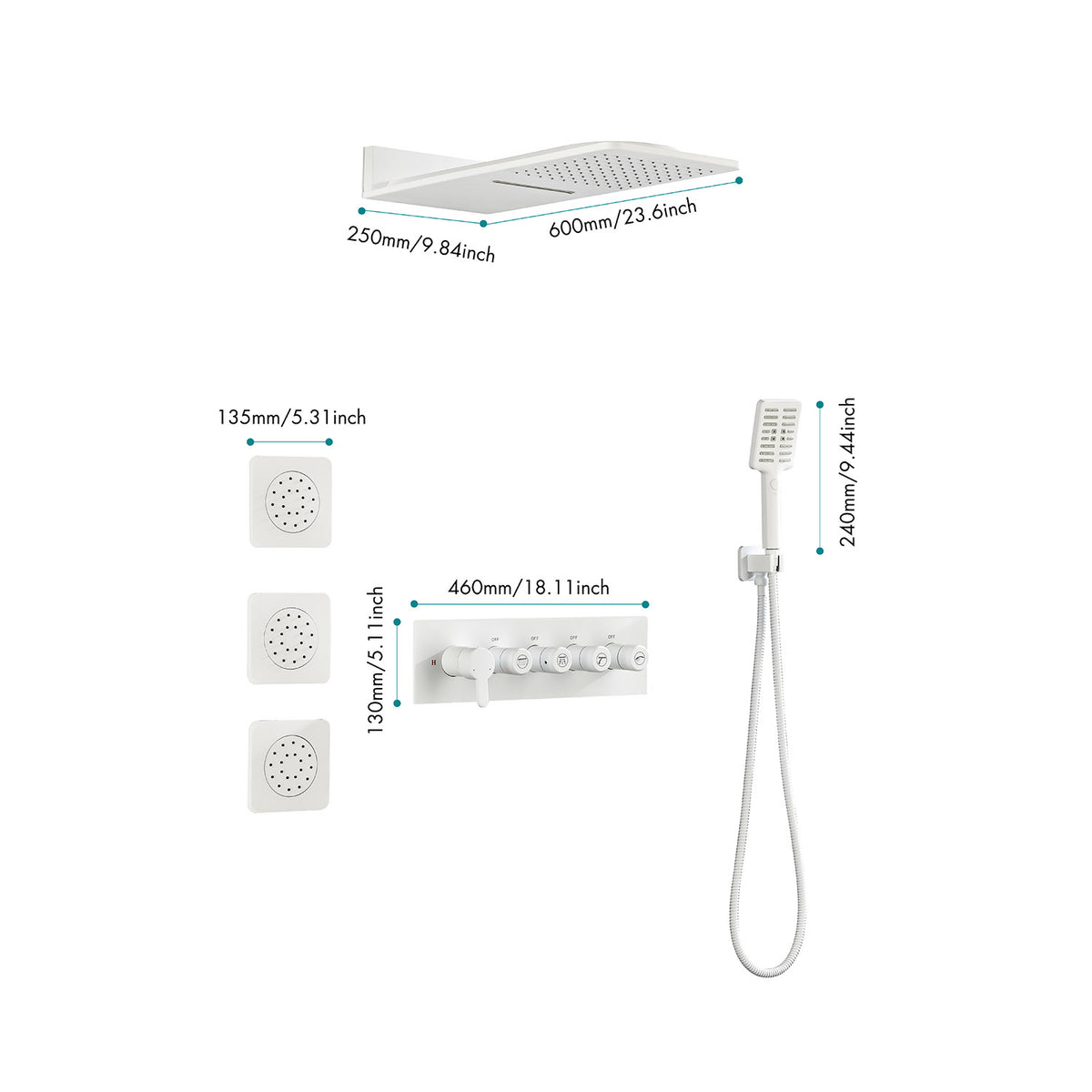 Wall Mounted Waterfall Rain Shower System With 3 Body Sprays & Handheld Shower