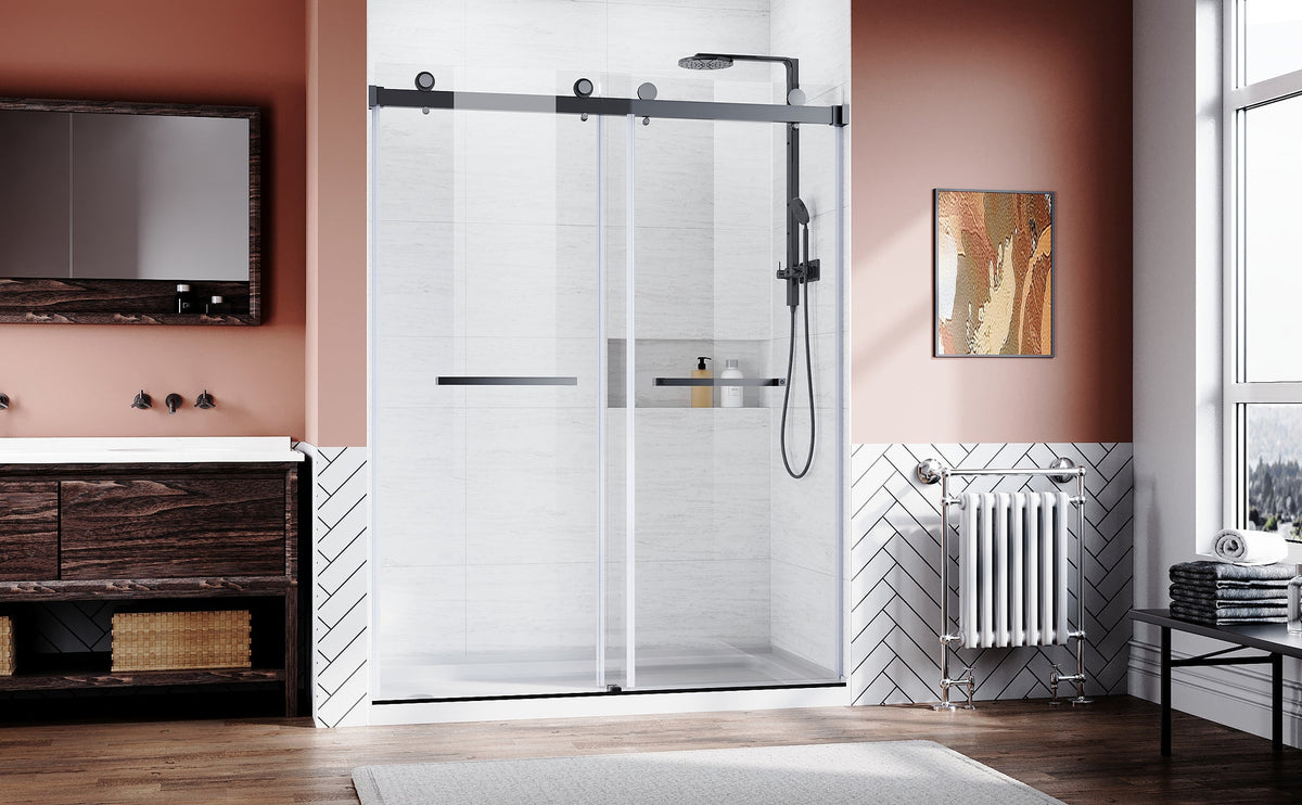 Matte Black 56-60 in.W x 76 in.H 1/4"(6mm) Frameless Sliding Door Bypass Glass Sliding Shower Doors Clear Tempered Glass Heavy Duty Stainless Steel Hardwares 2pcs Rectangle Handles
